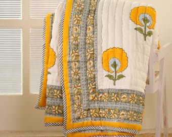 Yellow Floral Block Printed Cotton Quilt: Reversible Indian Bedspread