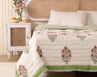 Reversible Floral Quilt: Hand Block Printed Cotton Bedspread
