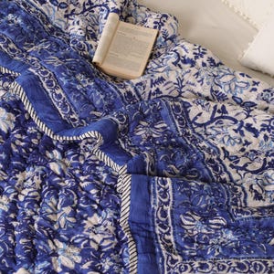Blue Block Printed Cotton Quilt | Reversible Floral Blanket | Soft Summer Quilt | Jaipuri Bedspread | Blue & White Quilt | All Season Quilt