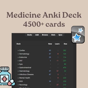 Könnte beinhalten: Screenshot einer digitalen Karteikartenanwendung für Medizinstudenten. Der Bildschirm zeigt medizinische Themen mit Kartenzahlen. Der Titel lautet "Medicine Anki Deck 4500+ cards". Eine Cartoon-Pillenflasche und ein Sternsymbol sind ebenfalls vorhanden.