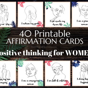 40 Affirmatiekaart afdrukbaar voor vrouwen - Affirmatiekaarten voor positief leven - minimalistisch portretontwerp met zwarte lijntekeningen
