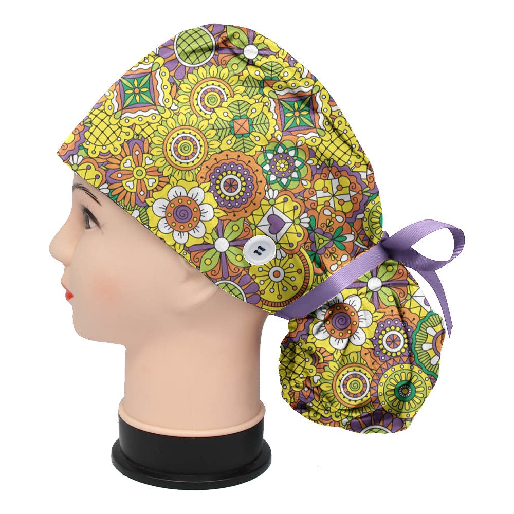 flower pattern ponytail scrub caps for women Etsy