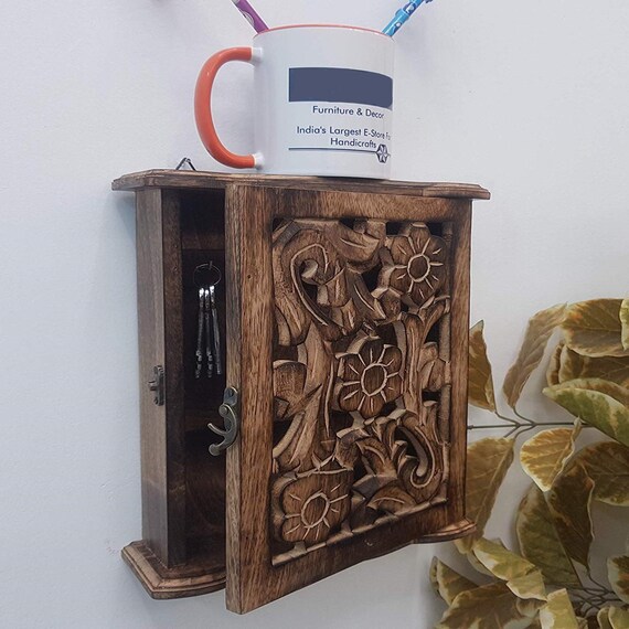 Solid Wood Carved Wall Mount Key Box /KeyHolder Wooden Key Etsy