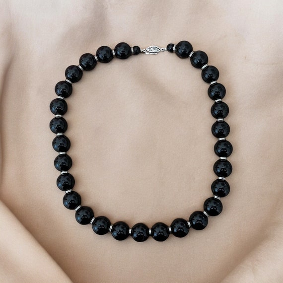 Vintage Black Beaded Necklace, 1960s Beaded Necklace, Mid