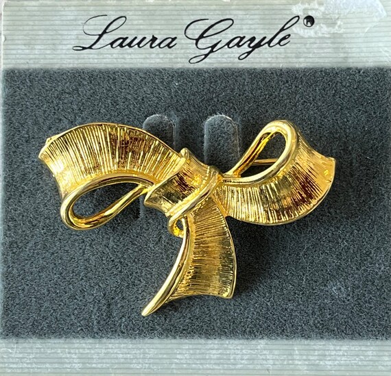 Vintage Laura Gayle brooch, 1990’s gold bow brooc… - image 1