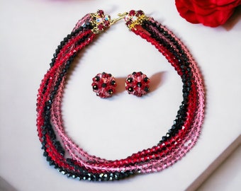 1950s Red Black Lucite Beaded Necklace Earrings Set, Mid Century MCM Jewelry