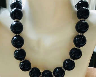Vintage Black Beaded Necklace, 1960s Beaded Necklace, Mid