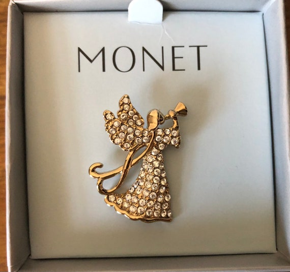 Vintage Monet gold and crystal angel brooch, vint… - image 2