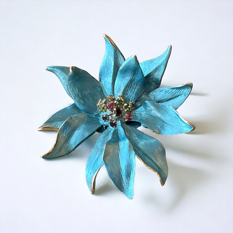 Vintage blue flower brooch, 1960s large floral pin, vintage jewelry for women, unique jewelry gift for her, 1960s jewelry image 1
