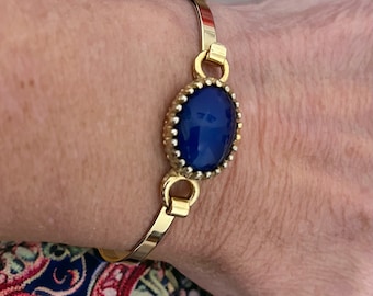 Vintage Avon gold bracelet, 1970’s blue cabochon bracelet, vintage Avon jewelry, signed costume jewelry, birthday gift for her