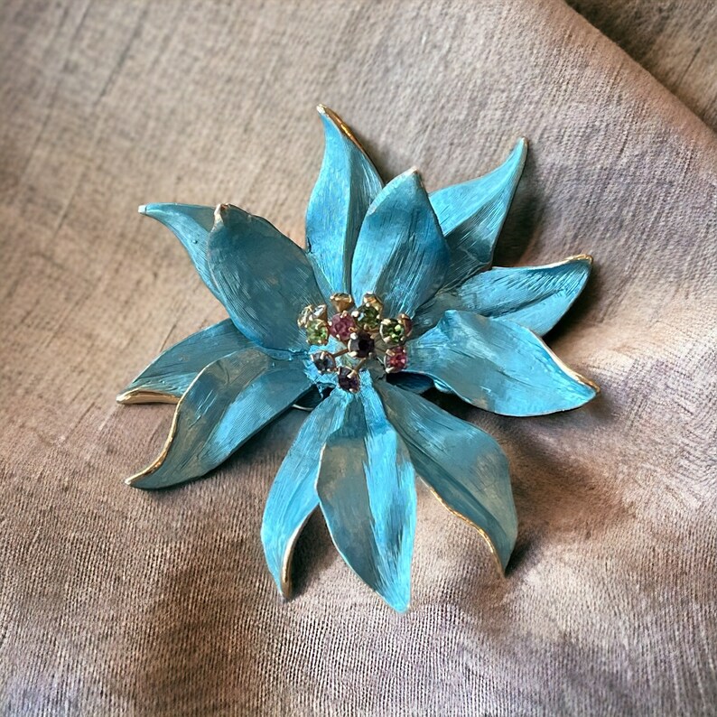 Vintage blue flower brooch, 1960s large floral pin, vintage jewelry for women, unique jewelry gift for her, 1960s jewelry image 5