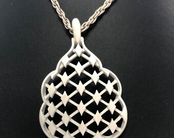 Vintage Crown Trifari white necklace, 1960’s large pendant necklace, vintage Trifari jewelry, 1960s vintage jewelry