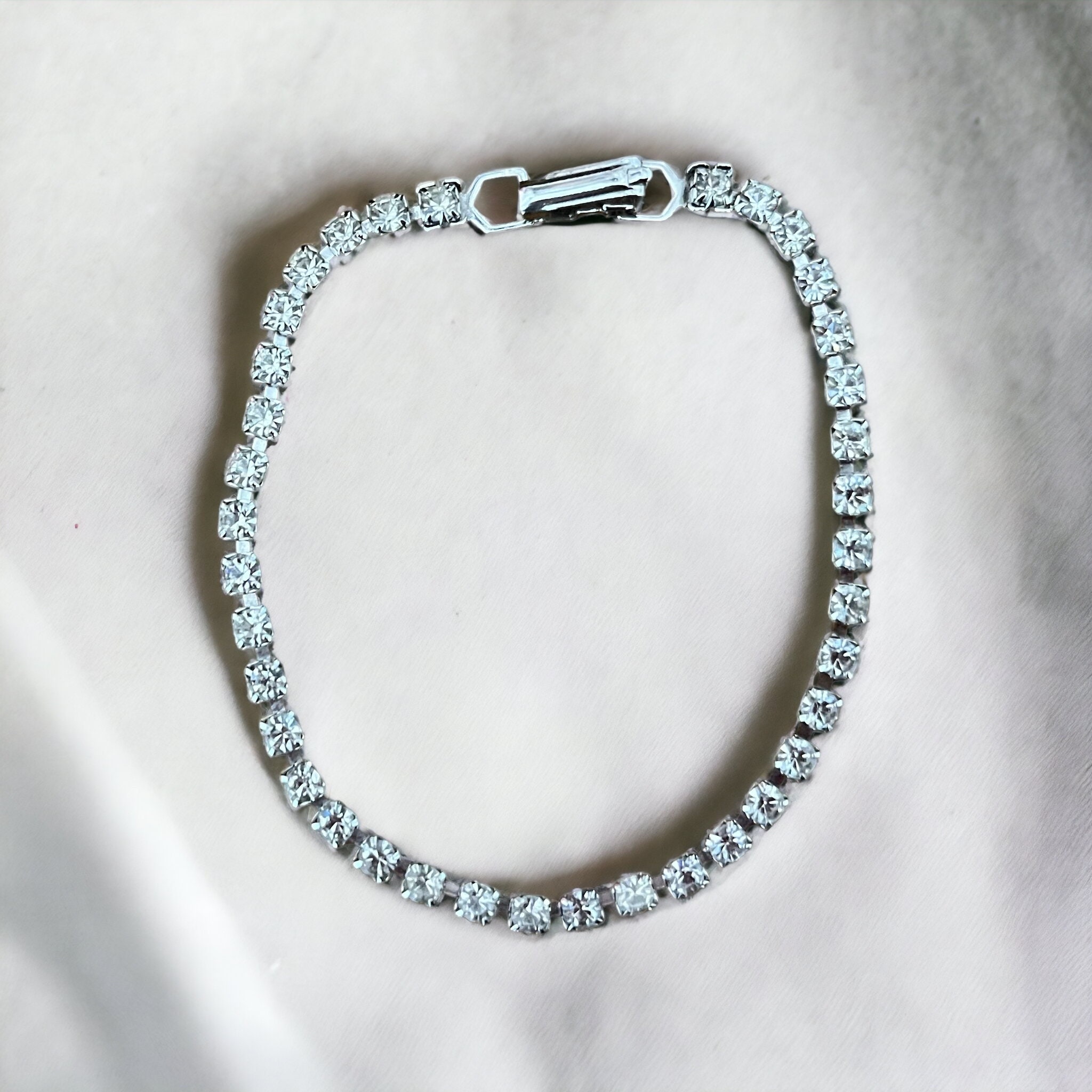 Vintage Tennis Bracelet, 1990s Silver Rhinestone Bracelet, Wedding Bracelet, Bridal Jewelry