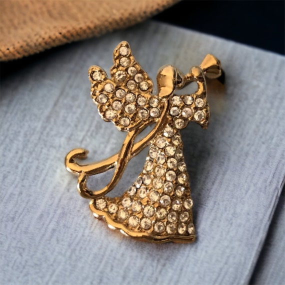 Vintage Monet gold and crystal angel brooch, vint… - image 3