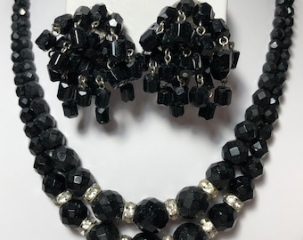 Vintage black beaded jewelry set, black beaded necklace, black beaded earrings, special event jewelry, 1950’s mid century jewelry set