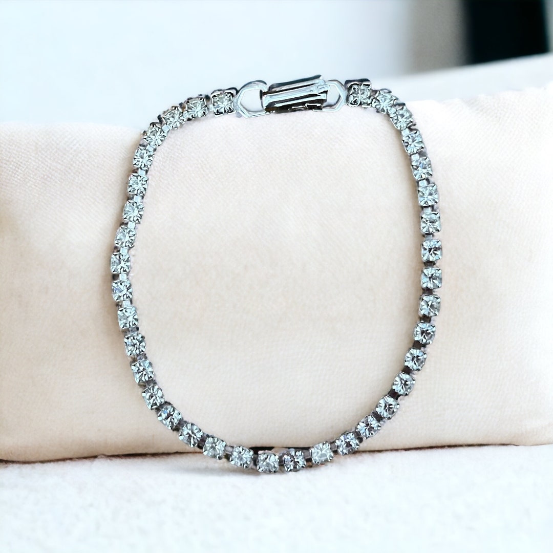 Vintage Tennis Bracelet, 1990s Silver Rhinestone Bracelet, Wedding Bracelet, Bridal Jewelry