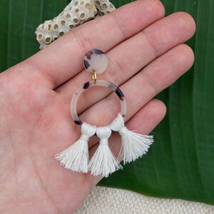 Tassel Fringe Hoop Earrings, Ivory Tassel Earrings, Statement Resin Earrings, Fringe Stud Earrings, Summer Jewelry, Lightweight Earring