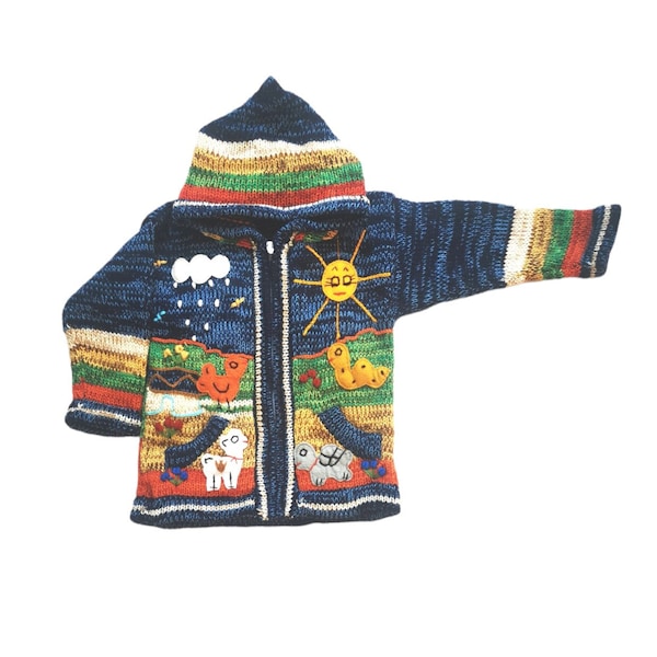 Kinderstrickjacke mit Kapuze/Zipfelmütze verschiedene Farben*Peru*Tiere