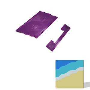 May include: Purple plastic tools for creating a textured surface on a craft project. The tools include a comb-like tool and a handle with a hook.