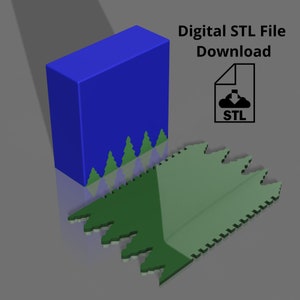 Op de afbeelding: Een blauw 3D-model van een bos met een digitaal downloadpictogram voor een STL-bestand. De tekst "Digitale STL-bestand downloaden" staat boven het pictogram.