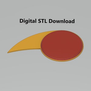 Puede incluir: Descarga digital STL. Un modelo 3D de un objeto redondo rojo con una base amarilla curva.