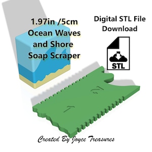 May include: A green soap scraper tool with notched edges and a digital STL file download icon. Text reads: 1.97in / 5cm Ocean Waves and Shore Soap Scraper, Digital STL File Download, and Created By Joyce Treasures. The scraper has numbered markings.