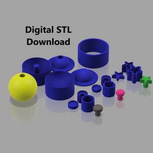 May include: A set of 3D printed moulds for making various shapes, including a ball, a ring, a star, and a flower. The moulds are blue and yellow, and the text "Digital STL Download" is visible at the top of the image.