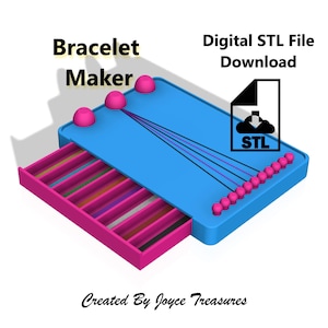 Puede incluir: Un fabricante de pulseras azul y rosa con el texto "Bracelet Maker" y "Digital STL File Download". El diseño incluye un cajón con múltiples compartimentos y una serie de cuentas rosas.