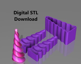 Peut inclure: Trois moules d'unicornes en forme de corne en spirale, imprimés en 3D en violet. Le texte "Téléchargement STL numérique" est présent sur l'image.