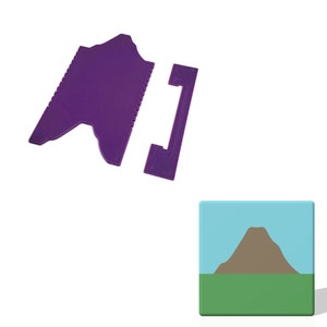 May include: Purple plastic cake decorating tools. The tools are shaped like a mountain and a handle. The mountain tool has a textured surface.