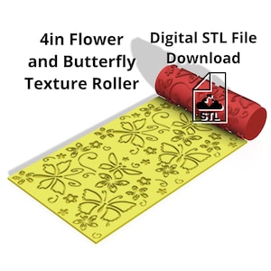 Könnte beinhalten: Eine 10 cm große Blumen- und Schmetterlings-Strukturwalze zum Erstellen dekorativer Muster auf Oberflächen. Die Walze ist rot und hat ein gelbes Design. Das Bild enthält auch ein digitales Download-Symbol mit dem Text "STL-Datei herunterladen".