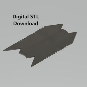 May include: A 3D model of a digital STL download for a metal object with a jagged edge. The object is shaped like a double-pointed arrow with a rounded top.