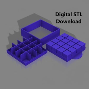 May include: A 3D printable model of a storage box with a removable lid and a separate insert with 16 compartments. The model is shown in a purple color. Digital STL Download.