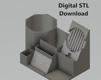 May include: A 3D printed desktop organizer with multiple compartments, including a tall cylindrical container, a small compartment with a slanted front, and a compartment with a curved opening. The organizer is gray and has a textured surface. Digital STL Download.