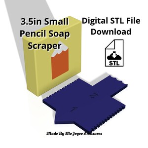 Pode incluir: Um raspador de sabão de lápis amarelo de 8,89 cm com um gráfico de lápis e um raspador azul. A imagem também inclui o texto "Download de arquivo STL digital" e um ícone de arquivo STL.