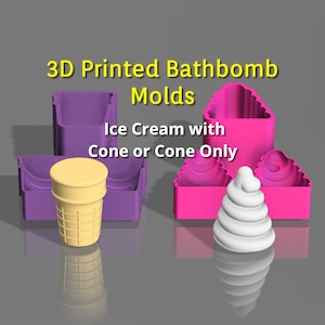 3D Printed 3 piece Ice Cream Bath Bomb Mold, Ice Cream Bathbomb Mold, Ice Cream Cone Bathbomb, Ice Cream Cone Bath Bomb (Choice 1 or 2 Mold)