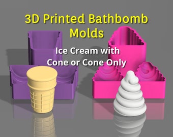 3D Printed 3 piece Ice Cream Bath Bomb Mold, Ice Cream Bathbomb Mold, Ice Cream Cone Bathbomb, Ice Cream Cone Bath Bomb (Choice 1 or 2 Mold)