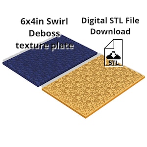 Puede incluir: Una placa de textura en relieve de 15,24 x 10,16 cm con un patrón de espiral. La placa es azul con un patrón de espiral. La imagen también muestra un icono de descarga de archivo STL digital.