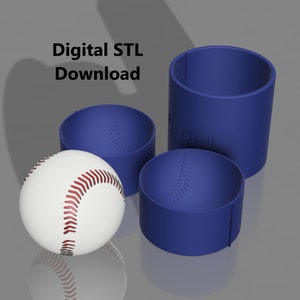 May include: Three blue baseball-shaped containers, one with the word "Baseball" printed on it, and a white baseball with red stitching. The text "Digital STL Download" is printed above the containers.