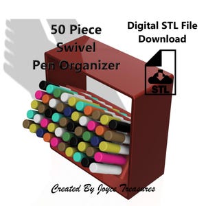 May include: A red swivel pen organiser holding 50 colourful pens. The organiser has a rectangular shape with a handle and angled slots for pens. Text on the image reads "50 Piece Swivel Pen Organizer" and "Digital STL File Download".