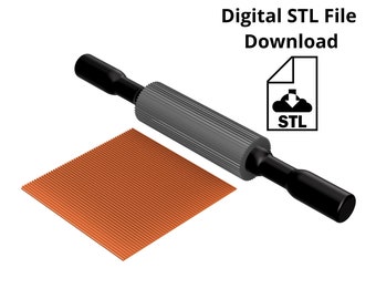 May include: A digital STL file download for a 3D printable rolling pin with a textured surface. The image shows a gray rolling pin with black handles and a brown textured surface.