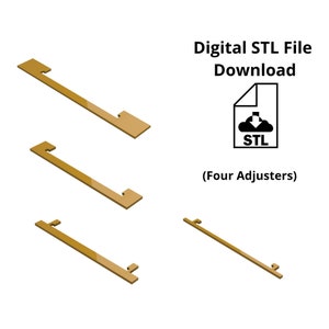 May include: Digital STL file download for four adjusters. The image shows four isometric views of the adjusters, which are gold in color.