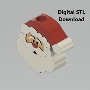 May include: A 3D printed Santa Claus head with a red hat and white beard. The head has a hole in the top for a candle. Digital STL Download.