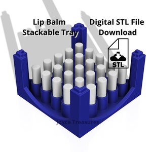 Puede incluir: Un diseño imprimible en 3D para un soporte de bálsamo labial azul. El soporte está diseñado para contener 25 bálsamos labiales y es apilable. El archivo STL digital está disponible para descargar. El texto "Lip Balm Stackable Tray" y "Digital STL File Download" es visible en la imagen.
