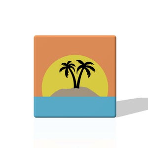 May include: A digital illustration of a sunset over a small island with two palm trees. The sky is orange and the sun is yellow. The water is blue.