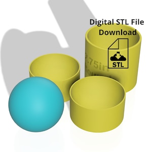 May include: Three yellow 3D printed cylinders, one larger than the other two, with a blue sphere in front. The largest cylinder has the text "Digital STL File Download" and a cloud icon with a download arrow inside, with the text "STL" below it.