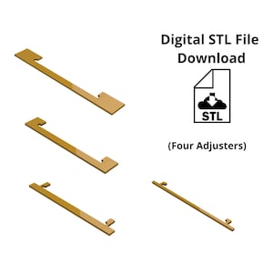 Puede incluir: Descarga de archivo STL digital para cuatro ajustadores. La imagen muestra tres vistas isométricas de los ajustadores, que son largos, delgados y rectangulares con una pequeña protuberancia cuadrada en cada extremo. Los ajustadores son de color marrón claro.