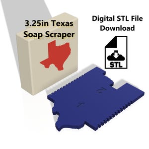 Puede incluir: Un raspador de jabón de Texas de 8,26 cm con un contorno rojo de Texas sobre un bloque beige, junto a un raspador azul con forma de Texas. El texto dice "Descarga de archivo STL digital" y un icono de archivo STL.