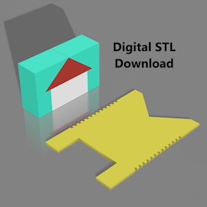 Puede incluir: Una descarga digital de un modelo 3D imprimible de una casa. El modelo se muestra en una caja azul turquesa con un techo rojo y una puerta blanca. El texto "Descarga digital STL" se muestra en texto negro sobre un fondo gris.