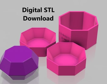 May include: Three pink octagonal trays and a purple geometric shape. The trays are different sizes and are stacked on top of each other. The text "Digital STL Download" is written in black at the top of the image.